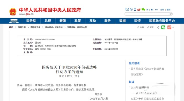 國務院關于印發2030年前碳達峰行動方案通知